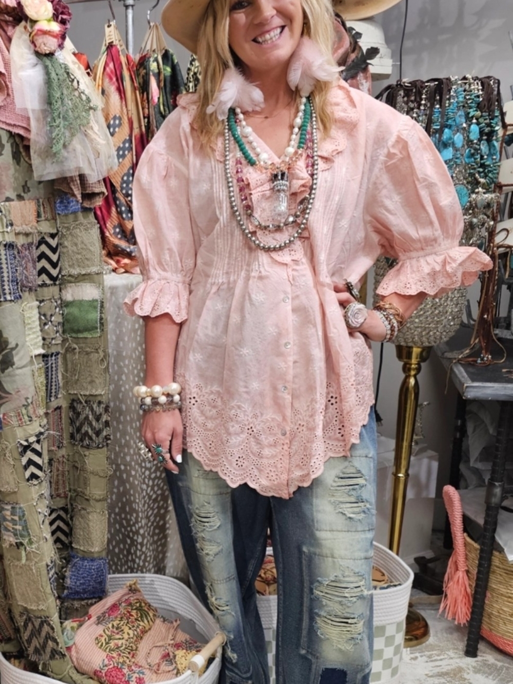 NEW A Rare Bird Pink Eyelet Linen Top - Bohemian Peasant Blouse, Blush Pink